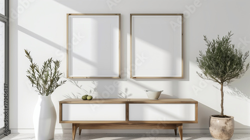 A wooden table with two white poster frames on it  olive tree in the pot near wall. Scandinavian home interior design of modern entrance hall or hallway.
