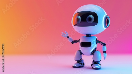white cute android robot pointing fingers at copy space on color background