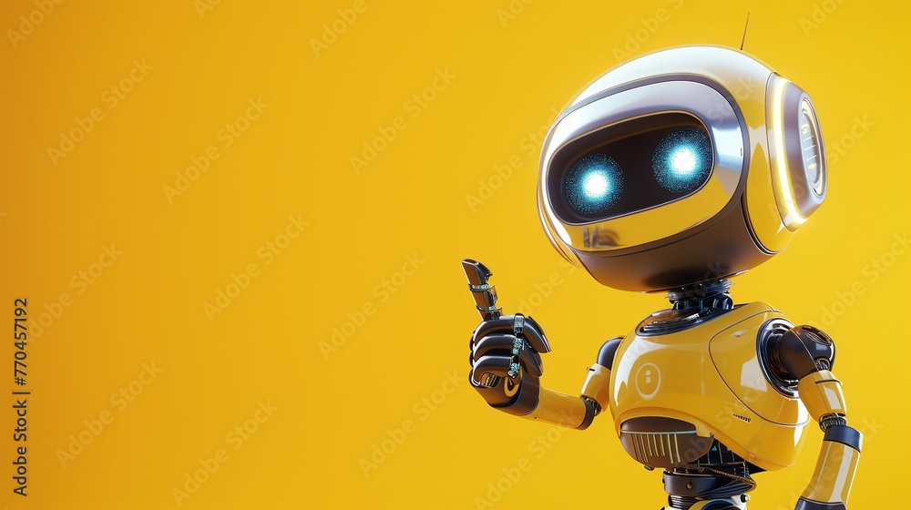cute android robot pointing fingers at copy space on color background cute android robot pointing fingers at copy space on color background
