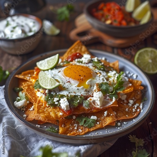 A Mexican breakfast of chilaquiles, tortilla chips layered with green or red salsa, topped with fried eggs and queso fresco, a spicy start.
