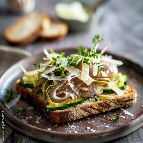 A Danish breakfast with smorrebrod , an open-faced sandwich on rye bread, layered with pickled herring, cheese, and fresh herbs. 