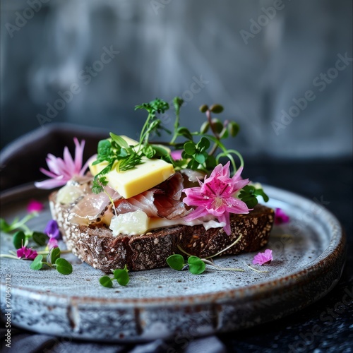 A Danish breakfast with smÃ¸rrebrÃ¸d, an open-faced sandwich on rye bread, layered with pickled herring, cheese, and fresh herbs. 