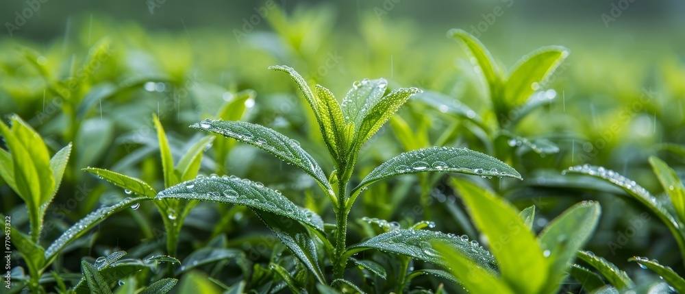 A close-up of a green plant with water droplets and a blurry background A close-up of a green plant with water droplets and a blurry background