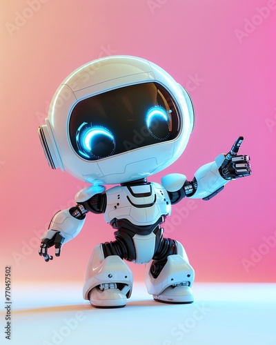 cute android robot pointing fingers at copy space on color background