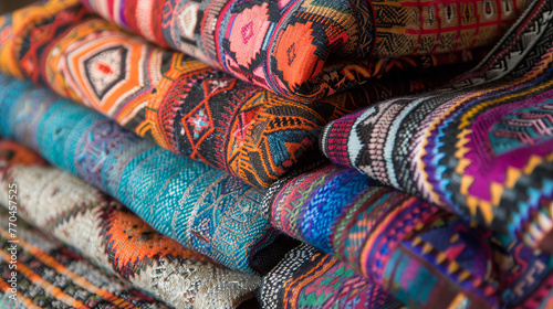 Stacks of colorful traditional fabrics showcasing a variety of intricate ethnic patterns and textures