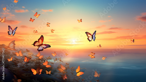 Kaleidoscope of Freedom Captivating Display of Flying Butterflies Against a Clear Blue Sky with sunst in background
