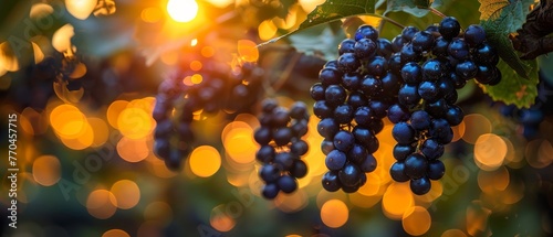  Grapes hang from tree under sun shining leaves and sun in background
