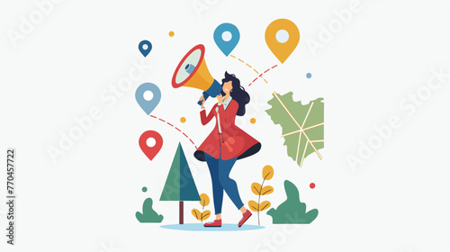 Woman with megaphone on point dashed line map pin ico