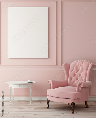 A large white blank poster frame is hanging on the wall of an empty room with light pink walls and white floor. There is a pastel coral armchair in front of it, with a small table beside the chair hol