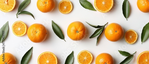   A group of oranges on a white table  surrounded by green foliage