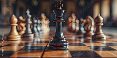 Chess Game with Strategic Pieces Moving Towards Opponent s King on Wooden Board photo
