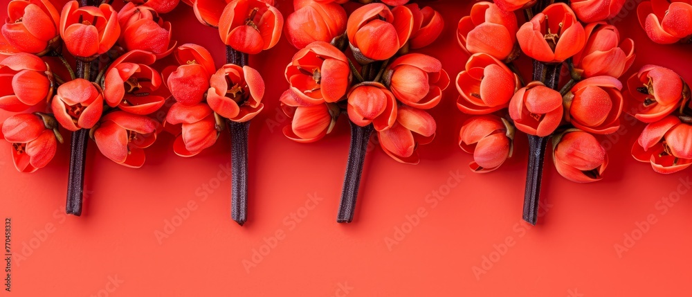   A cluster of red blossoms perched atop a scarlet background, with stems protruding from their uppermost parts - obrazy, fototapety, plakaty 