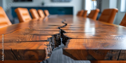 Cracked Wooden Meeting Table Symbolizing Divided Decisions and Challenges in Business or Corporate Environment photo
