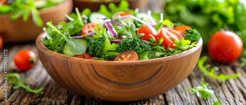  A photo of a bowl full of salad on a table, featuring juicy tomatoes, crisp broccoli, cool cucumbers, and fresh lettuce