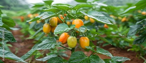   A grove of vibrant orange and yellow peppers thriving on a verdant plant amidst a sea of emerald foliage, with droplets of precipitation ador photo