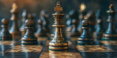 A closeup view of a chess king piece standing tall and dominant among the other chess pieces on a wooden chessboard