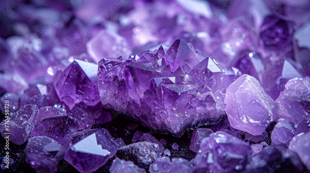 A mound of violet gemstones atop another pile of violet gemstones atop a dark surface A mound of violet gemstones atop another pile of violet gemstones atop a dark surface