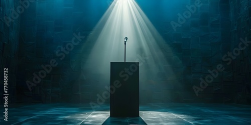 Illuminated Podium with Microphone on Stage Symbol of Leadership and Presentation