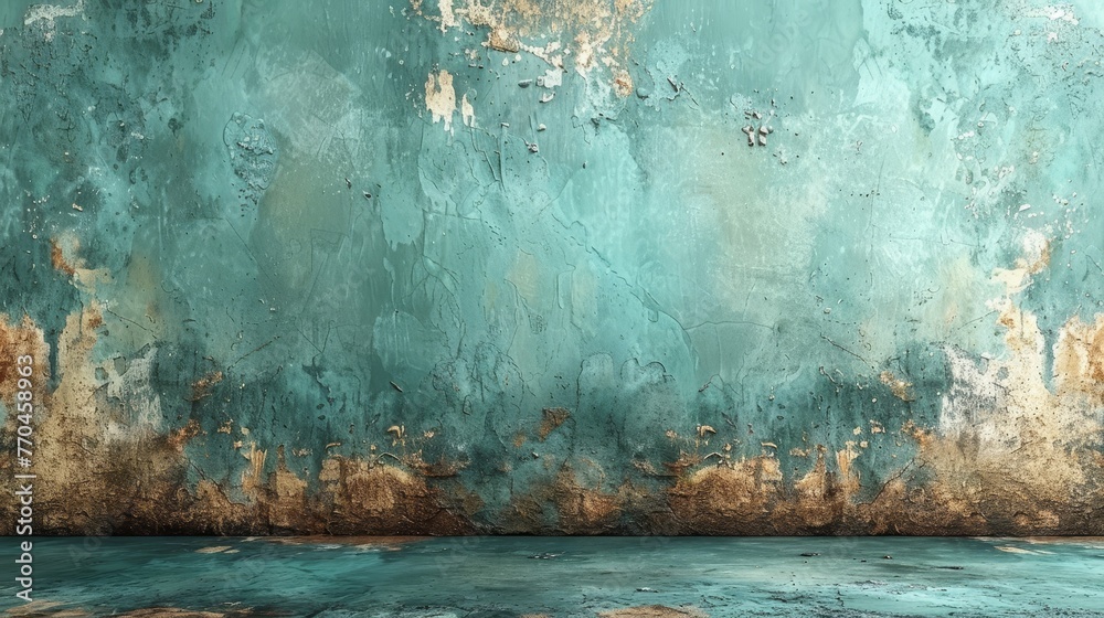   A grimy wall with traces of water and soil at its base, topped with a pale blue hue - obrazy, fototapety, plakaty 