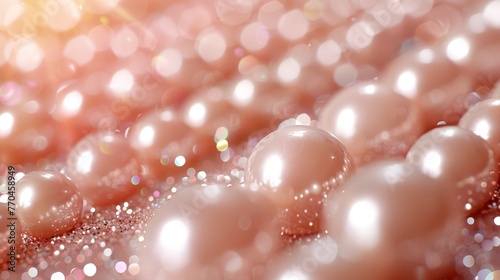  A group of glistening spheres resting atop a heap of lustrous pink and white orbs on a rose-hued background