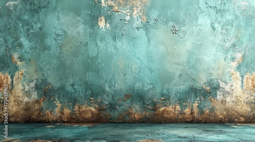   A grimy wall with traces of water and soil at its base, topped with a pale blue hue photo