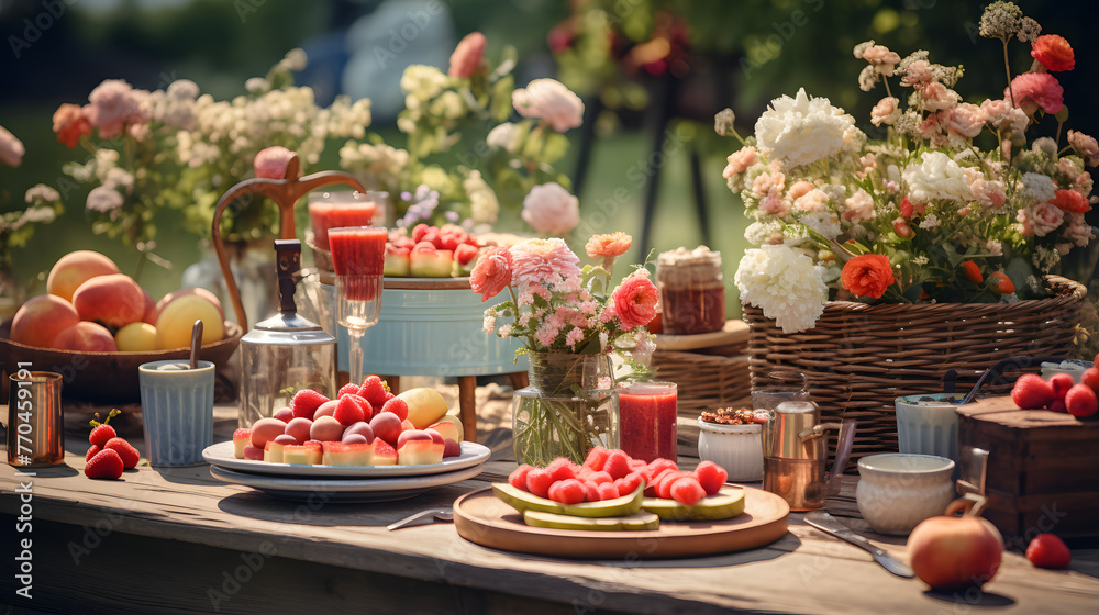 an outdoor dining table in summer with several picnic baskets of different items an outdoor dining table in summer with several picnic baskets of different items