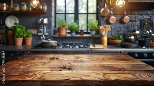  Wooden table with pots, pans & plants in the kitchen