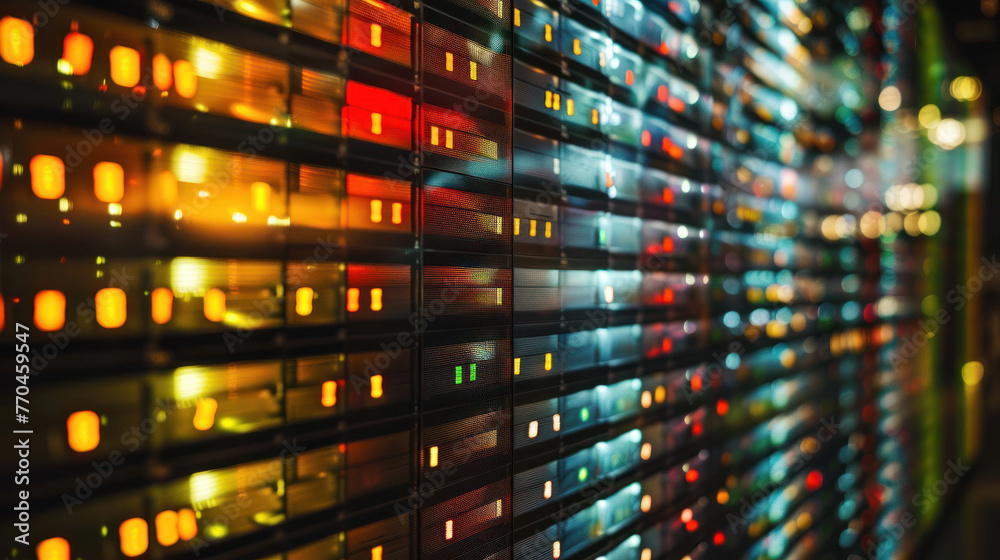 Server racks emit glowing lights with streams of financial trading data symbolizing high-speed information technology - obrazy, fototapety, plakaty 