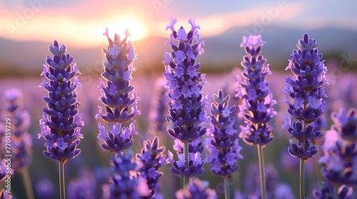   A field of lavender flowers with the sun setting in the distance