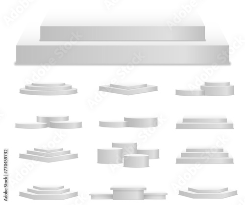 White 3d podium mockup in different shapes. Pedestal and platform, stand stage, cylinder. Template for promotional items. Round and square empty stages and podium stairs vector 3d