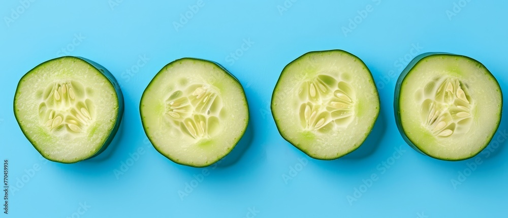   A cluster of diced cucumbers positioned atop a azure background, exhibiting one that has been split in half