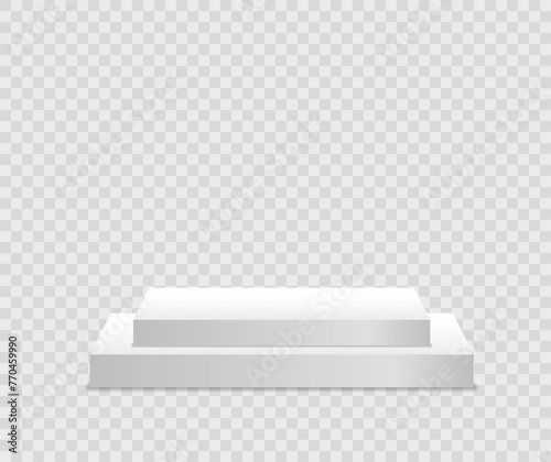 White 3d podium mockup in different shapes. Pedestal and platform, stand stage, cylinder. Template for promotional items. Round and square empty stages and podium stairs vector 3d