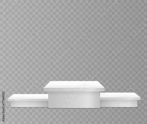 White 3d podium mockup in different shapes. Pedestal and platform, stand stage, cylinder. Template for promotional items. Round and square empty stages and podium stairs vector 3d