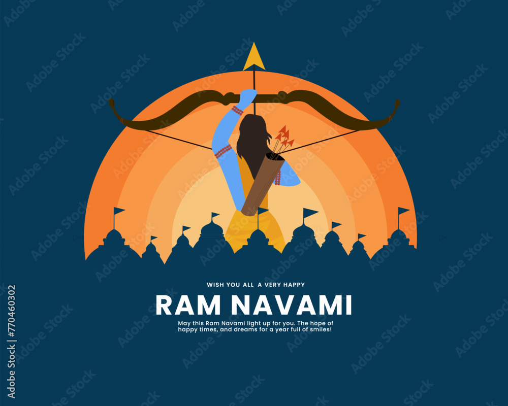 Lord Rama with bow arrow and temple background for Indian festival Ram Navmi.