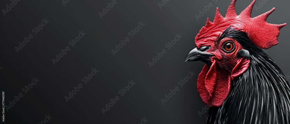   A close-up of a rooster's head with a distinctive black and red pattern on its face - obrazy, fototapety, plakaty 