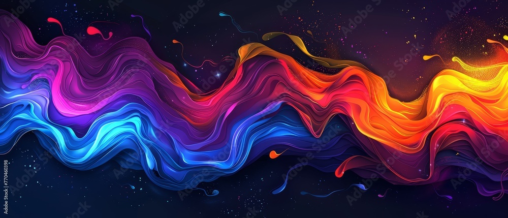 A multicolored wave of wavy lines on a dark background with a space in the middle, surrounded by stars in the sky A multicolored wave of wavy lines on a dark background with a space in the middle, surrounded by stars in the sky