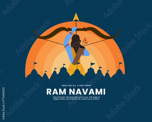 Lord Rama with bow arrow and temple background for Indian festival Ram Navmi.