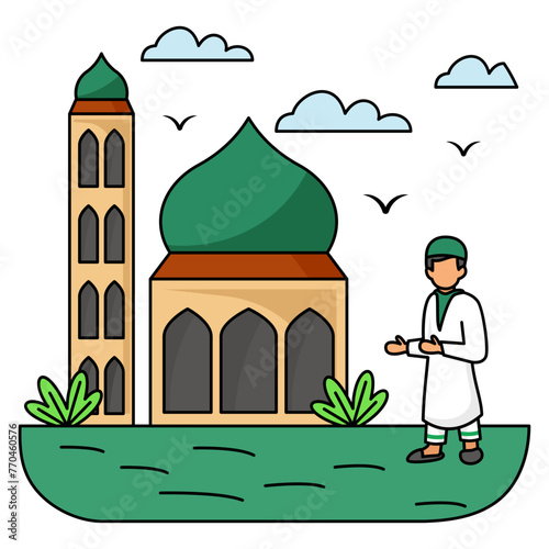 Muslim Kids going to Mosque concept,  Eid Prayer vector colorline Design, Ramadan and Eid al-Fitr Symbol, Islamic and Muslims fasting Sign, Arabic holidays celebration stock illustration