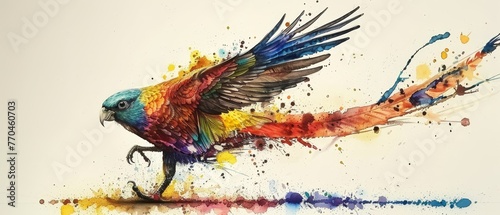   A vibrant avian soaring above shimmering water with stained-wing splatters
