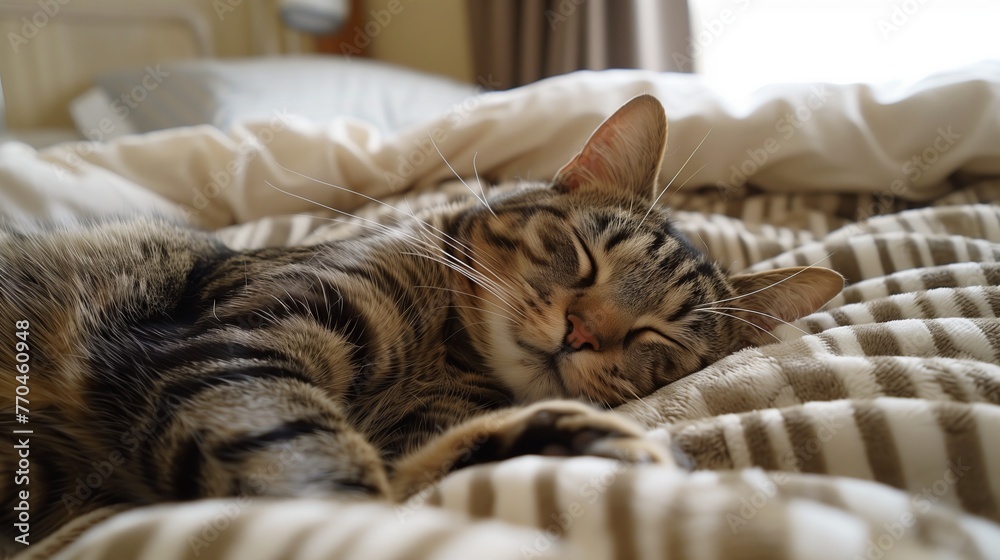 a tabby cat sleeping on the bed.