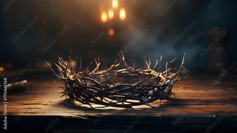 Fototapeta premium crown of thorns on a wooden table 