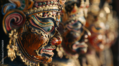Detailed view of traditional Balinese masks with vibrant colors and intricate designs as they are displayed in a row © road to millionaire