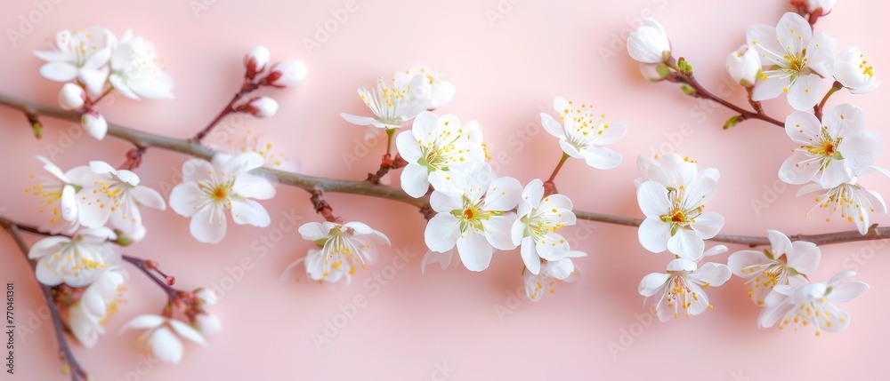 A cherry tree branch with white flowers on a pink background, featuring space for text or images A cherry tree branch with white flowers on a pink background, featuring space for text or images