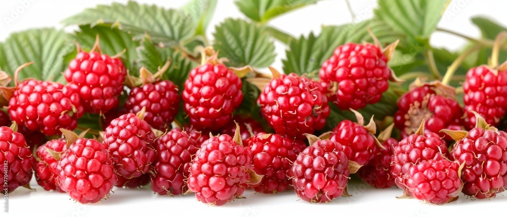A macro shot of red berries against a white background, featuring a green foliage in the background A macro shot of red berries against a white background, featuring a green foliage in the background