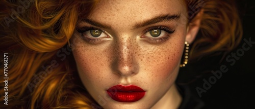  A close-up of a woman's face with freckles on both her cheeks and lips