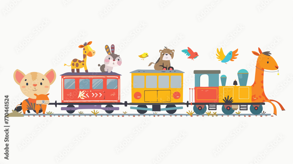 Cartoon animals riding on the train flat vector