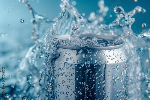 A can of soda is being poured into a glass of water, creating a splash. Concept of fun and excitement, as the soda is being poured into the water, creating a playful and refreshing moment