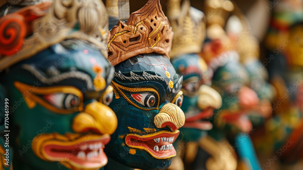 A selective focus shot captured rows of Balinese masks showcasing their expressive features and symbolism A selective focus shot captured rows of Balinese masks showcasing their expressive features and symbolism