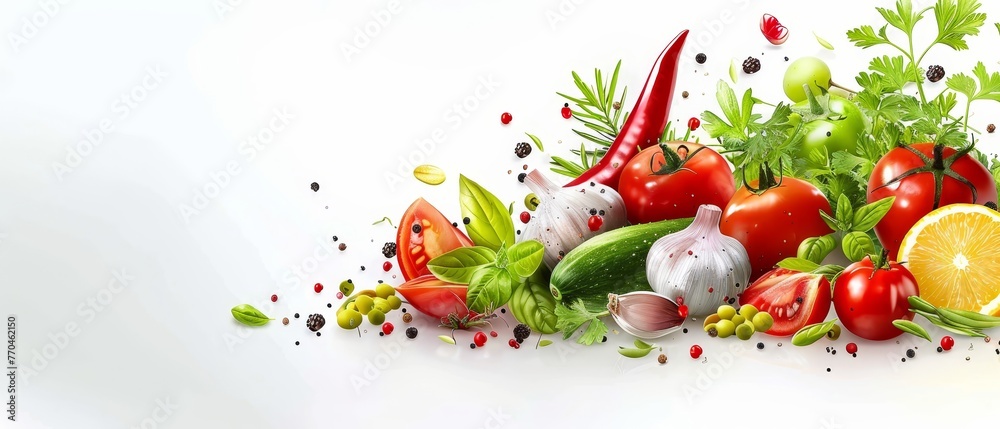 Vegetables and fruits on white background with sprinkles Vegetables and fruits on white background with sprinkles