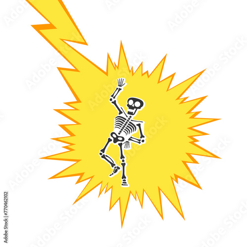 Skeleton electric shock by high voltage or lighting electrocuted caution silhouette flat style design vector illustration. A funny human skeleton had an electric shock or lightning strike.